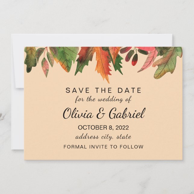 Blätter fallen. Hochzeit von Waldbewaldung Save The Date (Vorderseite)