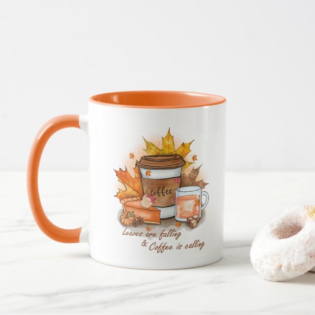 Blätter fallen, Kaffee ruft  Tasse (Mit Donut)