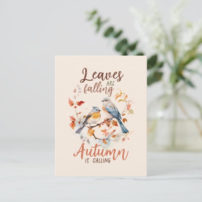 Blätter fallen - Whimsical Fall Birds & Foliage Postkarte (Stehend Vorderseite)