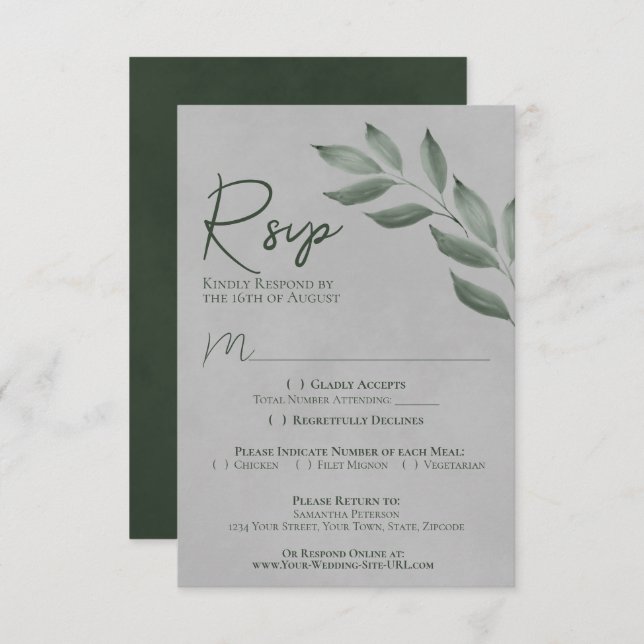 Blätter Forest Green & Grey Chic Wedding RSVP Karte (Vorne/Hinten)