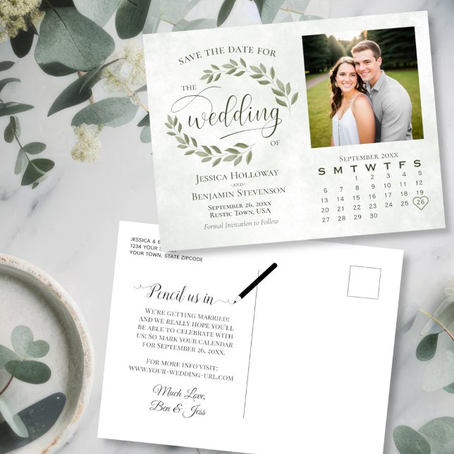 Blätter Foto & Kalender Hochzeit speichern das Dat Ankündigungspostkarte (Front/Back)