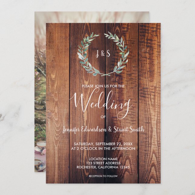 Blätter für Aquarellfarben auf Holzmonogramm-Foto  Einladung (Vorne/Hinten)