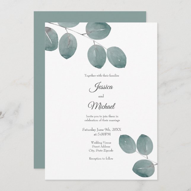 Blätter für Aquarellfarben-Silver-Dollar-Eukalyptu Einladung (Vorne/Hinten)