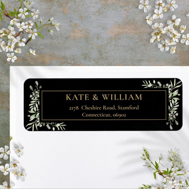 Blätter für botanische Grünpflanzen Anschrift (Greenery Floral Black And Gold Return Address Label)