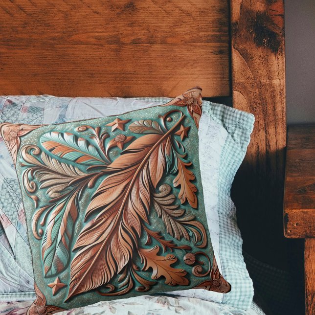 Blätter für die Druckfedern aus bearbeitetem Leder Kissen (Tooled Leather Print Feathers Leaves Throw Pillow)