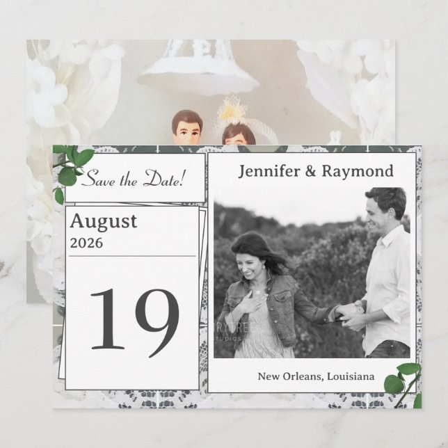 Blätter für die weiße Spitze und Rose Save the Dat Date (Vorne/Hinten)