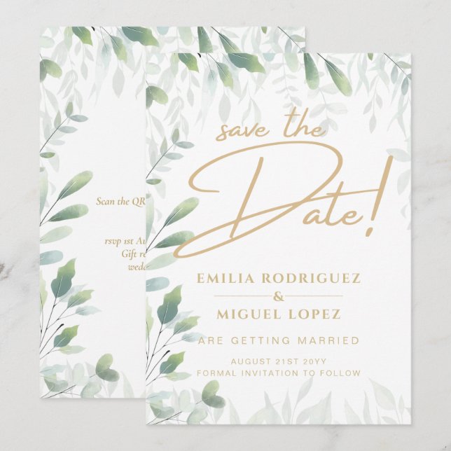 Blätter für moderne Grünpflanzen Hochzeitsstichtag Einladung (Vorne/Hinten)