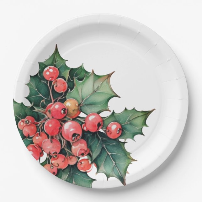 Blätter für Vintage Aquarellbeeren Pappteller (Vorderseite)