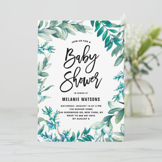 Blätter für Wasserfarben & Beries Wreath Baby Dusc Einladung (Stehend Vorderseite)