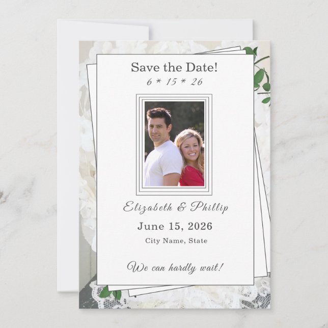 Blätter für weiße Spitzen und Rose Hochzeitssticht Save The Date (Vorderseite)