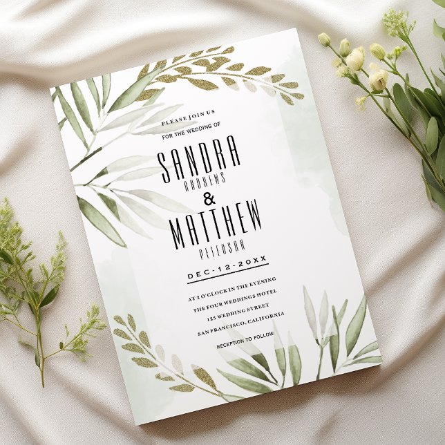 Blätter Hochzeit des tropischen Glitzer Einladung (Tropical white green gold glitter leaves Wedding)