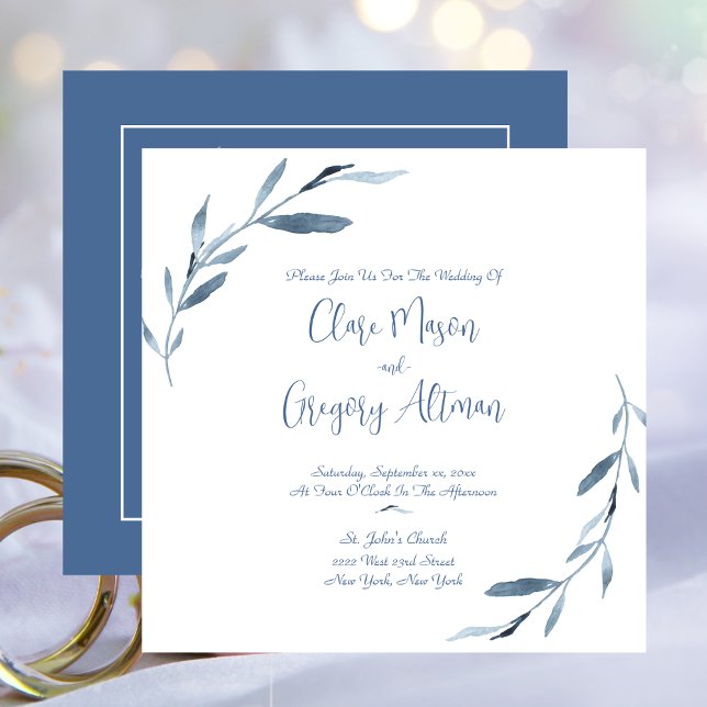 Blätter Hochzeit in Blau und Weiß Einladung (Blue Dawn, Watercolor Leaves Wedding Invitation)