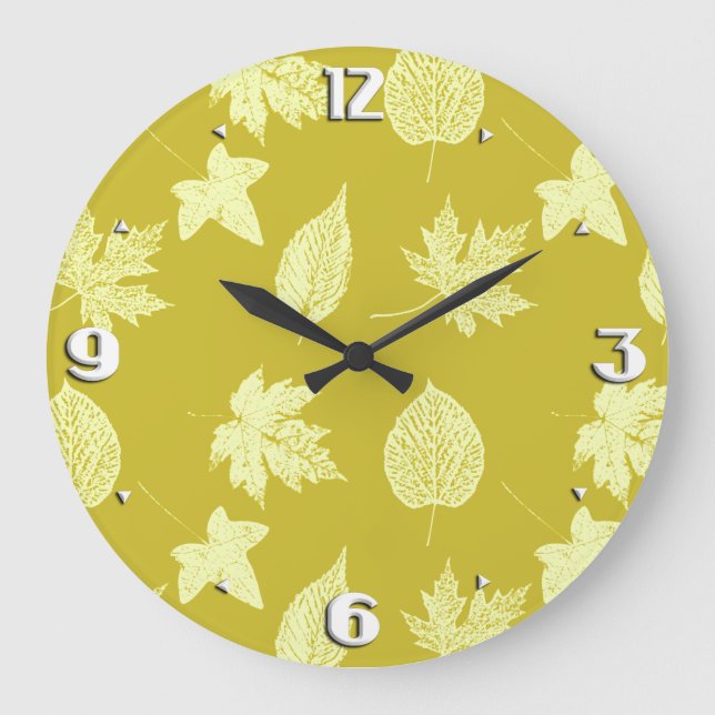 Blätter im Herbst - Senf und hellgelb Große Wanduhr (Vorderseite)