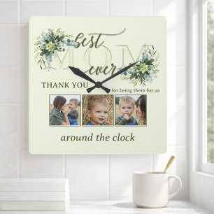 Blätter in Aquarellfarben Mama Foto Quadratische Wanduhr