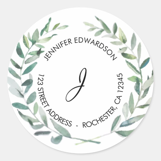 Blätter in Aquarellfarben, Monogramm Rücksendeadre Runder Aufkleber (Vorderseite)