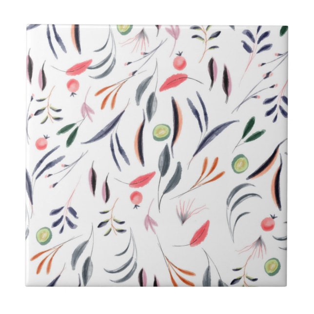 Blätter in hellen Aquarellfarben und Beeren-Muster Fliese (Vorderseite)