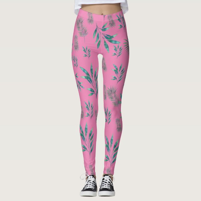 Blätter in Rosa und Grün Leggings (Vorderseite)