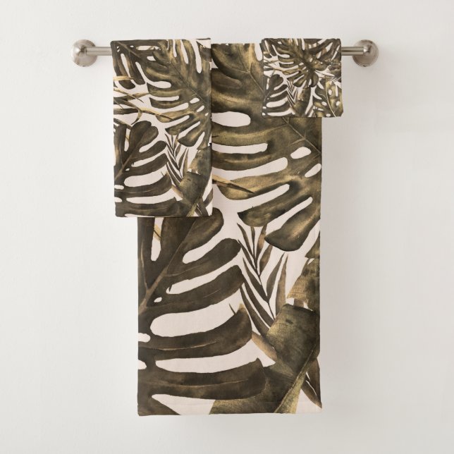 Blätter Insel Olivgrün & Creme Tropical Palm Badhandtuch Set (Insitu)