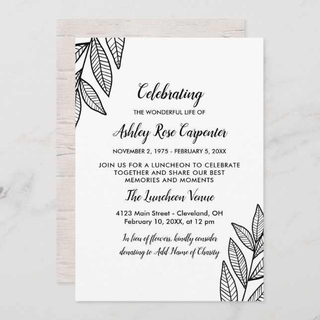 Blätter & Kalligrafie-Feier zum Gedenken an das Le Einladung (Vorne/Hinten)