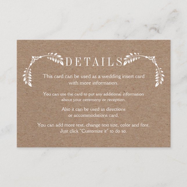 Blätter Karton Hochzeitsdetails Einlegen Karte (Vorderseite)