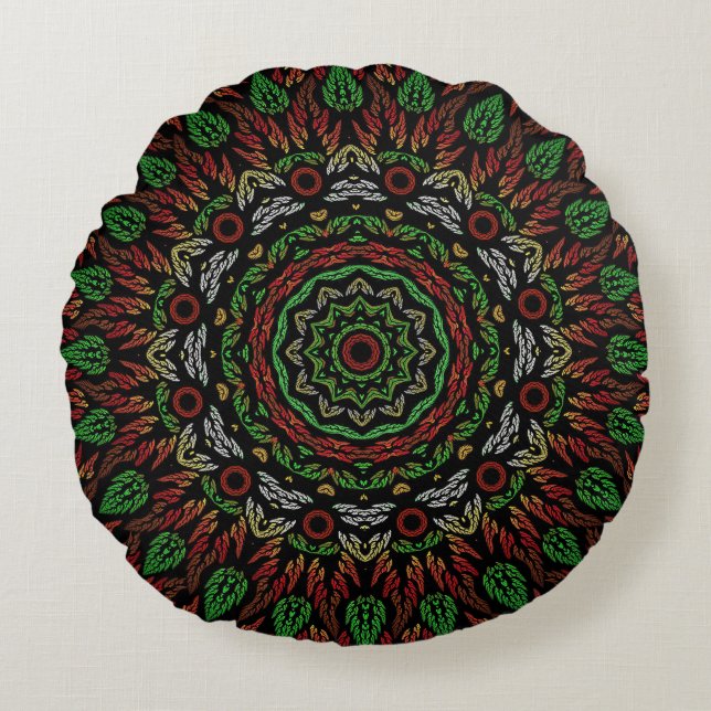 Blätter Mandala Pattern Rundes Kissen (Vorderseite)