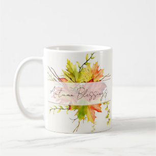 Blätter mit benutzerdefiniertem Text fallen Kaffeetasse