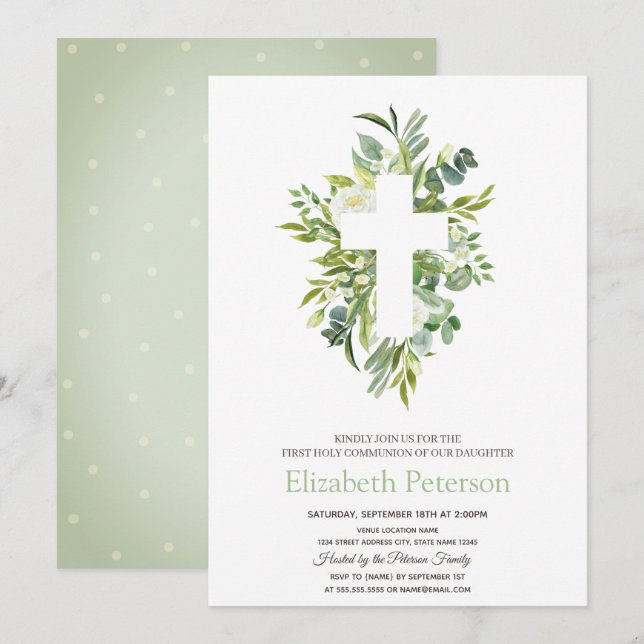 Blätter mit Blumenkreuz Erste Heilige Kommune Einladung (Vorne/Hinten)