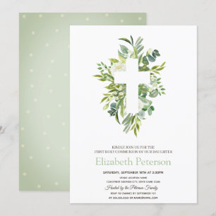 Blätter mit Blumenkreuz Erste Heilige Kommune Einladung