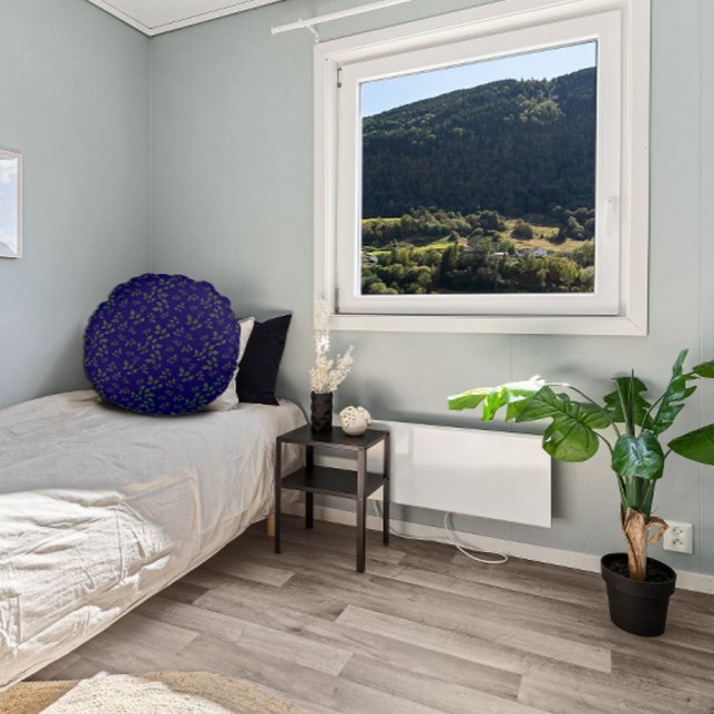 Blätter mit dunkelblauem Muster Rundes Kissen (Von Creator hochgeladen)