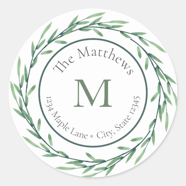 Blätter mit grüner Wasserfarbe Kränzetiketten Runder Aufkleber (Vorderseite)