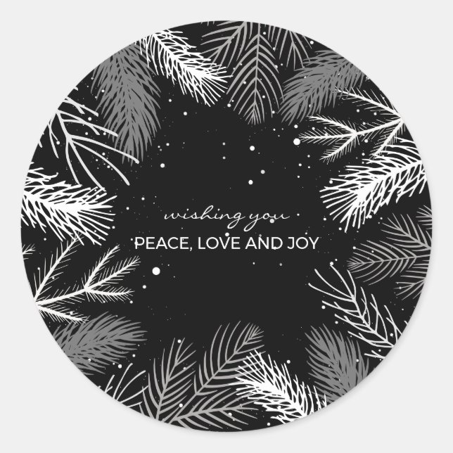 Blätter mit Schnee in Schwarz-Weiß-Pinien Runder Aufkleber (Vorderseite)