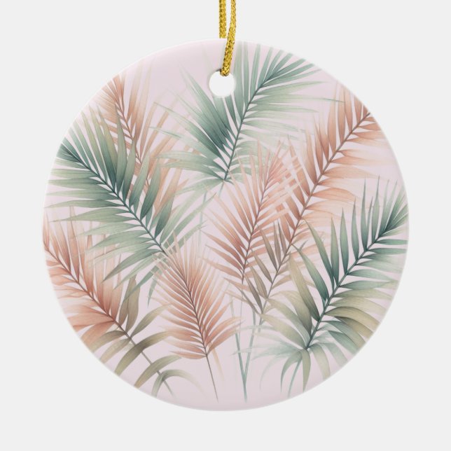 Blätter mit tropischem Rosa und grünem Palm Keramik Ornament (Vorne)