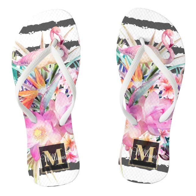 Blätter mit tropischen Pflanzen und Flamingos Flip Flops (Fußbett)