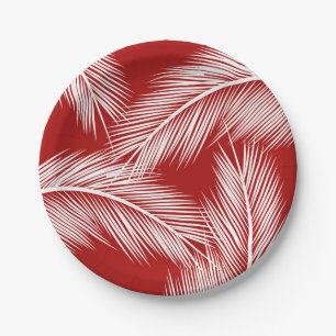 Blätter mit weißer Handfläche auf rotem Hintergrun Pappteller