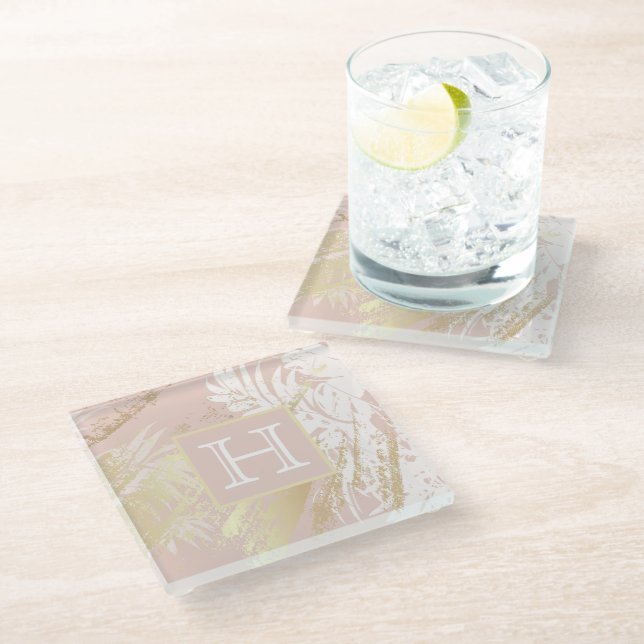 Blätter Monogramm Glasuntersetzer (Schrägansicht)