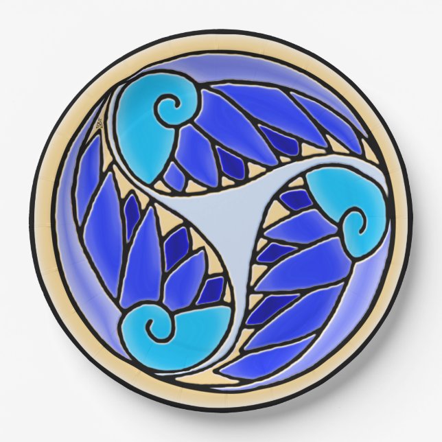 Blätter Nautilus und Palm - 3 Blues, Gelb, Schwarz Pappteller (Vorderseite)