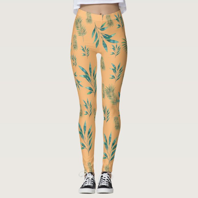 Blätter Orange und Green Watercolor Leggings (Vorderseite)