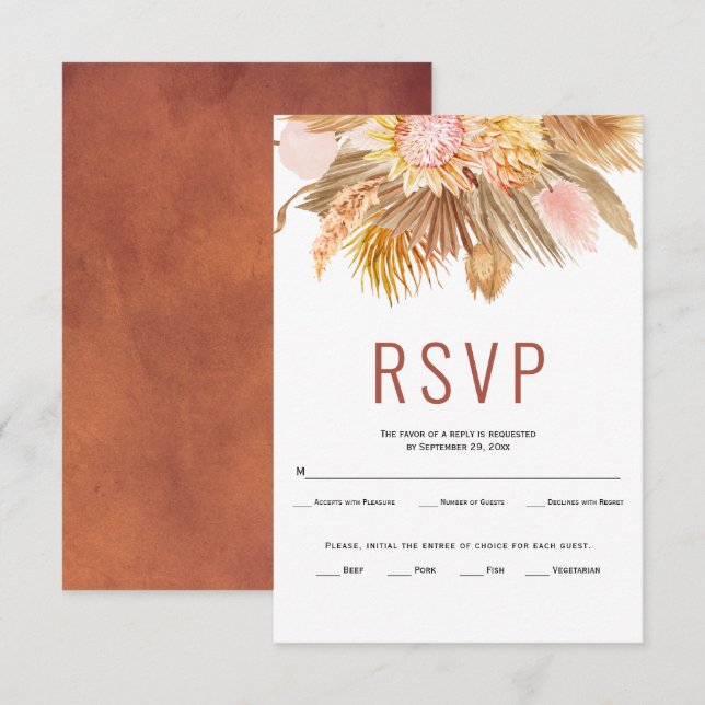 Blätter Pampas Terracotta Hochzeit getrocknet RSVP Karte (Vorne/Hinten)
