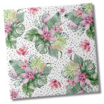 Blätter tropisches Muster Fliese<br><div class="desc">Ein tropisches Design, das die ruhige Schönheit der Natur mit einem spielerischen Rand verbindet. Eine Mischung aus beruhigenden tropischen Blätter, wie Bananenstauden, Palmen, Monstera-Blätter, rosa Princessa-Pflanze, sanftes lila-rosa Orchideengebirge und Protea-Blüte, die mit verschiedenen anderen Blättern verwoben sind. Das Design wird durch einen grauen "chaotischen Punkt" oder "dalmatinischer Punkt" ergänzt, der...</div>