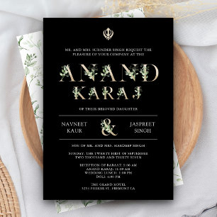 Blätter Typografie Black Anand Karaj Sikh Wedding Einladung