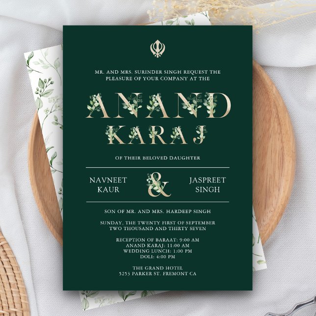 Blätter Typografie Green Anand Karaj Sikh Wedding Einladung (Von Creator hochgeladen)
