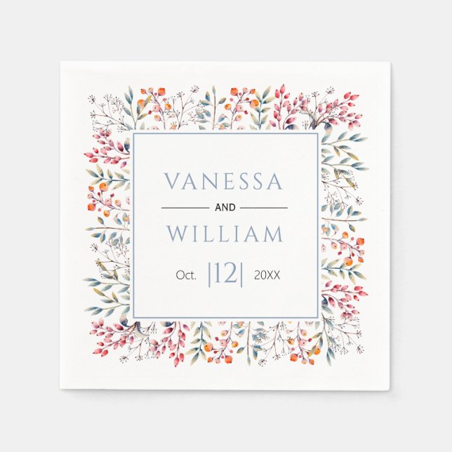 Blätter und Beeren staubblaue Winterhochzeit Serviette (Vorderseite)