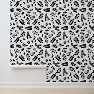 Blätter und Beerenmuster - Schwarz   weiß Tapete
