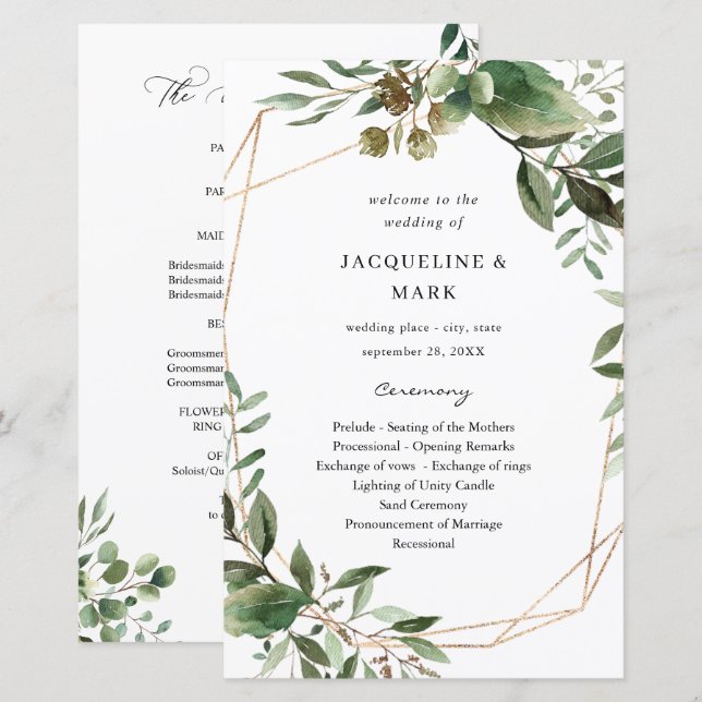 Blätter und Eukalyptus-Hochzeitsprogramm MEDIUM (Vorne/Hinten)