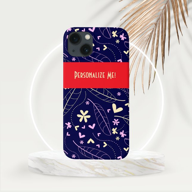 Blätter und Herz-Blume auf Blue Personalisiert Case-Mate iPhone Hülle (Leaves and Heart Flowers with Personalized bar on Dark Blue Background set on Gold Frond Mockup)