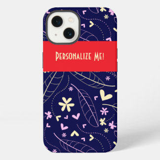 Blätter und Herz-Blume auf Blue Personalisiert iPhone 13 Hülle