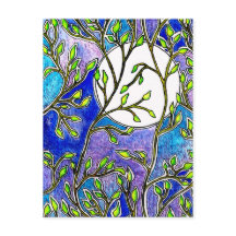 Blätter und Mond - Blaue Wasserfarben