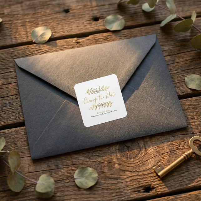 Blätter und Zweige mit Gold-Effekt ändern das Datu Quadratischer Aufkleber (Gold effect leaves and branches change the date square sticker.)