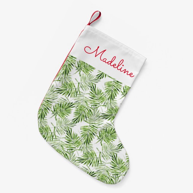 Blätter von Green Palm| Name hinzufügen Kleiner Weihnachtsstrumpf (Vorderansicht (hängend))