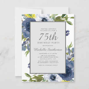 Blätter von Navy Yellow White Floral 75. Geburtsta Einladung